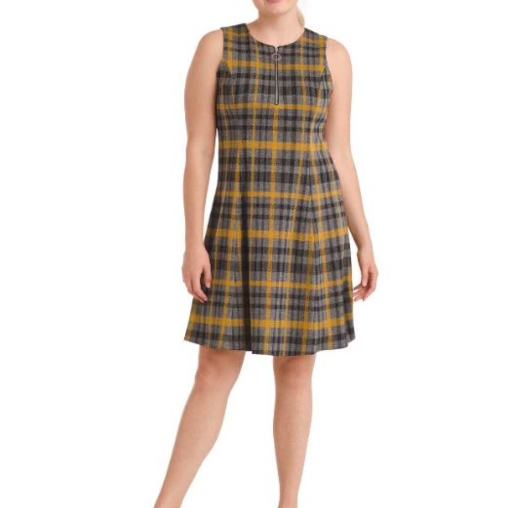 London Times Tweed Plaid Zipper Dress In Grey Dijon - Picture 2 of 3
